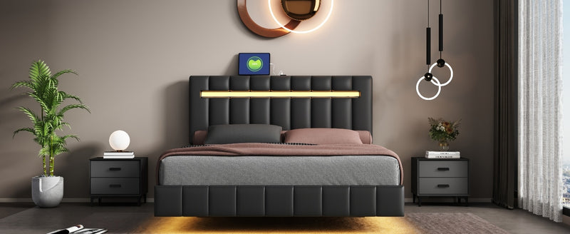 Queen Size Floating Bed Frame with LED Lights