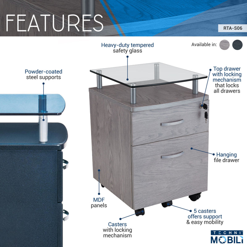 Techni Rolling File Cabinet with Glass Top