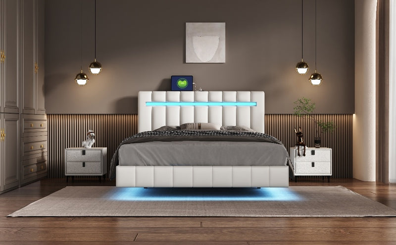 Queen Size Floating Bed Frame with LED Lights