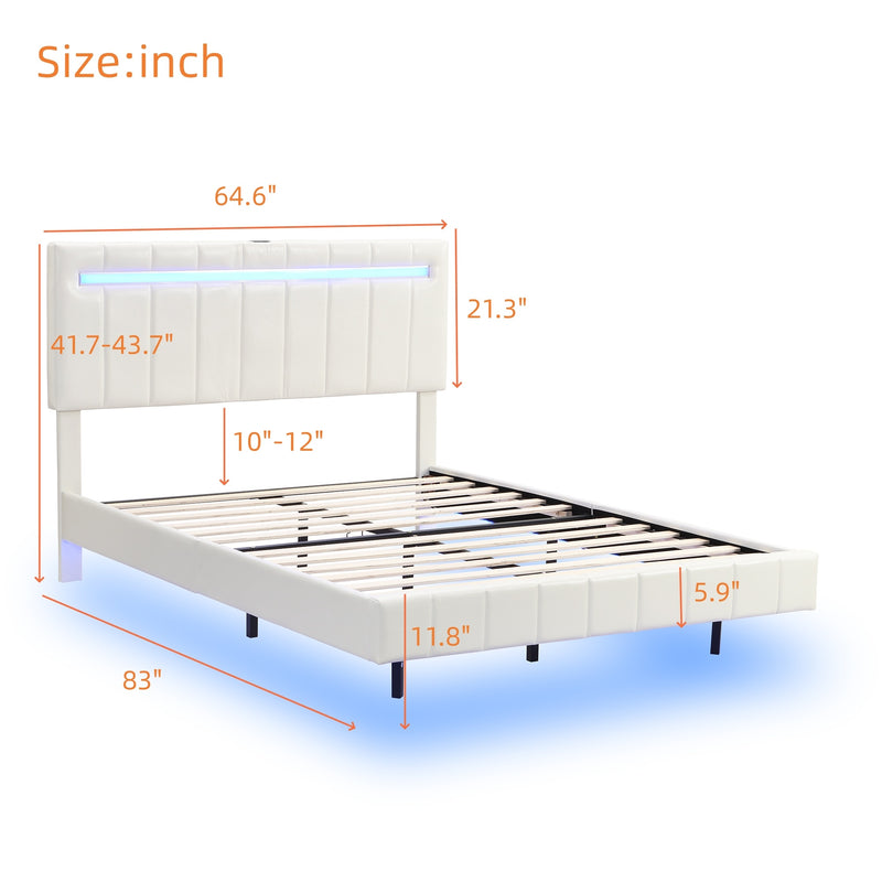 Queen Size Floating Bed Frame with LED Lights