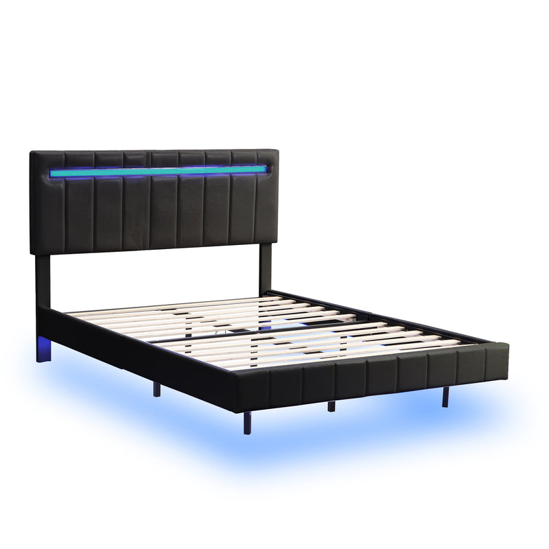 Queen Size Floating Bed Frame with LED Lights