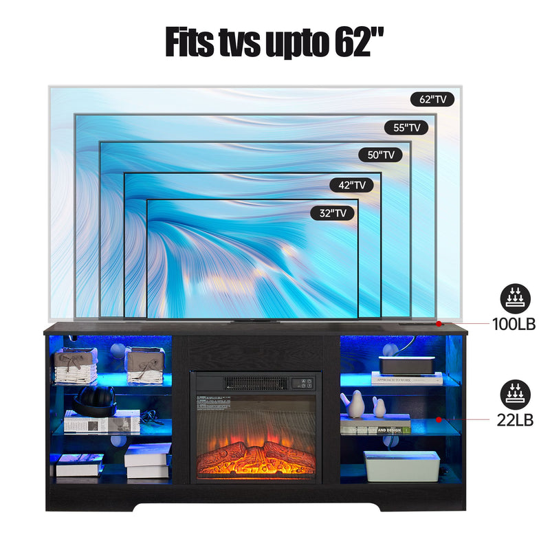 Electric Fireplace TV Stand with Glass Shelves