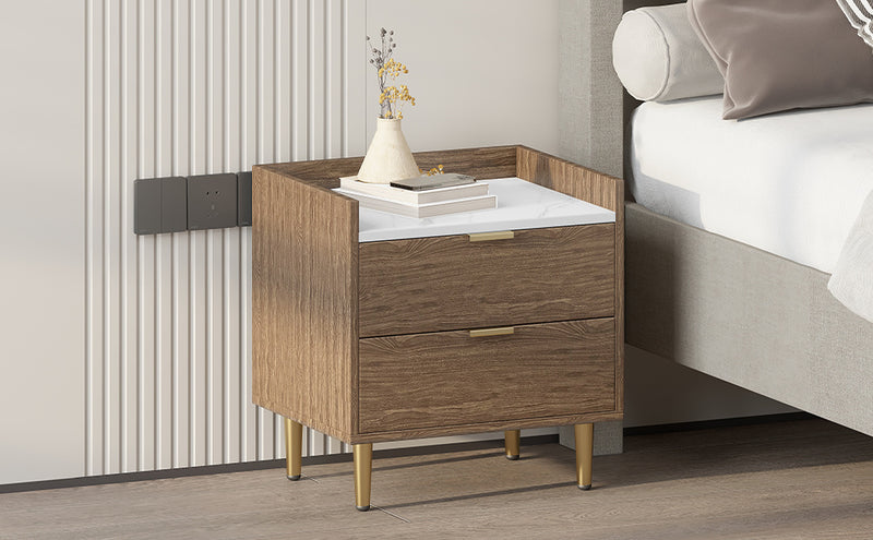 Wooden Nightstand with Marbling Worktop Modern Walnut