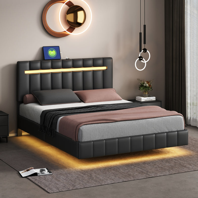 Queen Size Floating Bed Frame with LED Lights