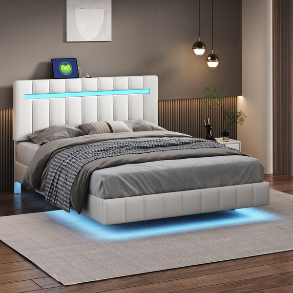 Queen Size Floating Bed Frame with LED Lights