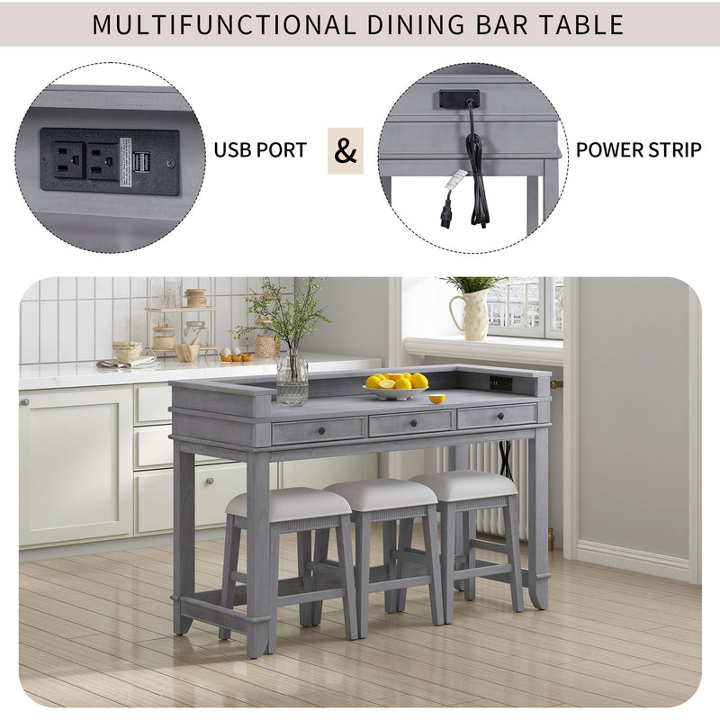 4-piece Dining Bar Table Set with 3 Upholstered Stools