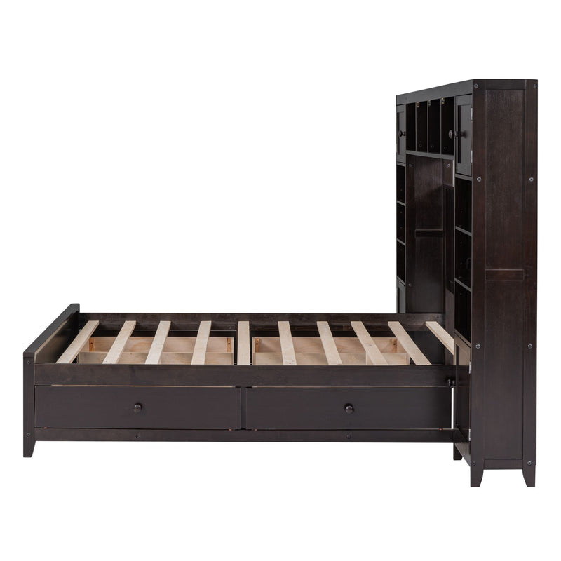 Full Size Wooden Bed With All-in-One Cabinet and Shelf