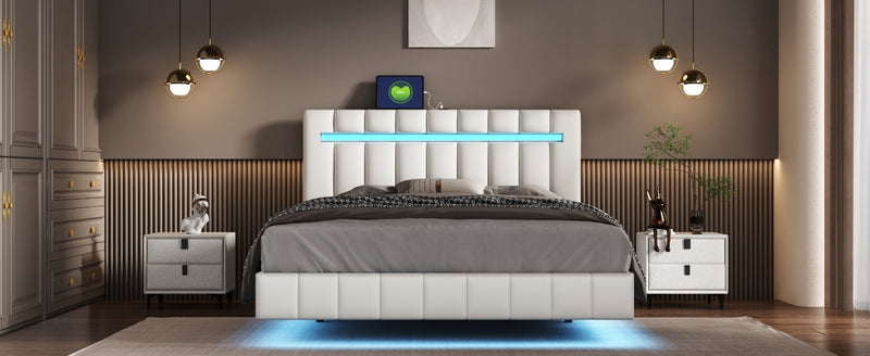 Queen Size Floating Bed Frame with LED Lights