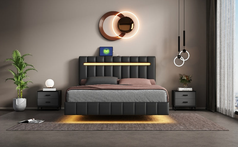 Queen Size Floating Bed Frame with LED Lights