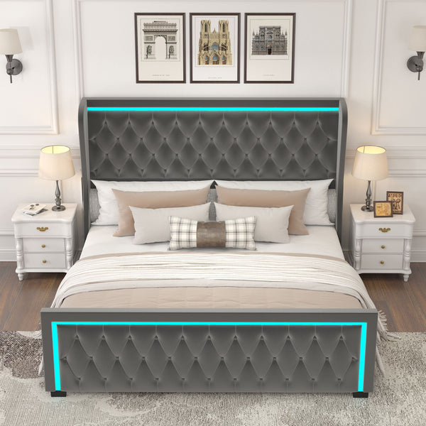 King Platform Bed With Velvet Upholstered