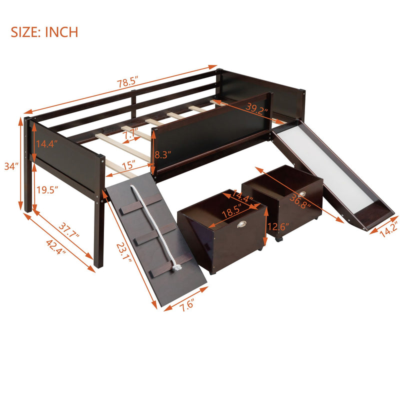 Twin size Loft Bed Wood Bed with Two Storage Boxes