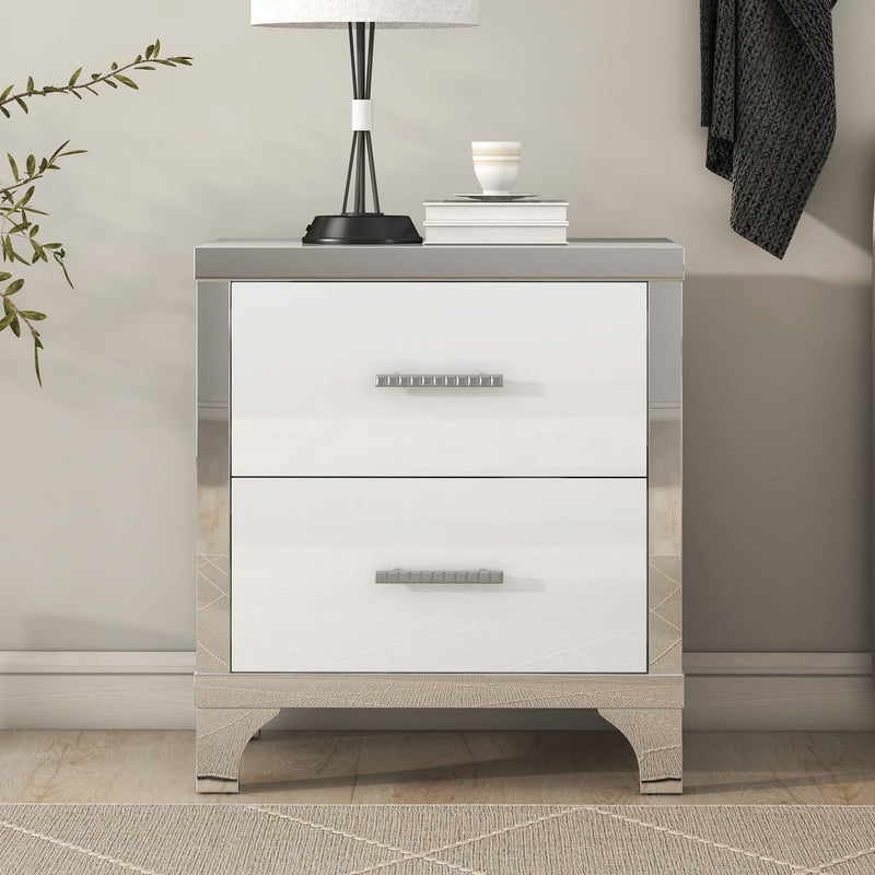 Elegant High Gloss Nightstand with Metal Handle,Mirrored Bedside Table with 2 Drawers for Bedroom,Living Room