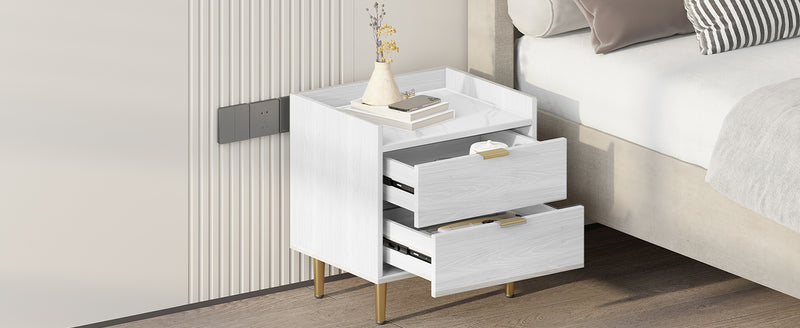 Wooden Nightstand with Marbling Worktop White