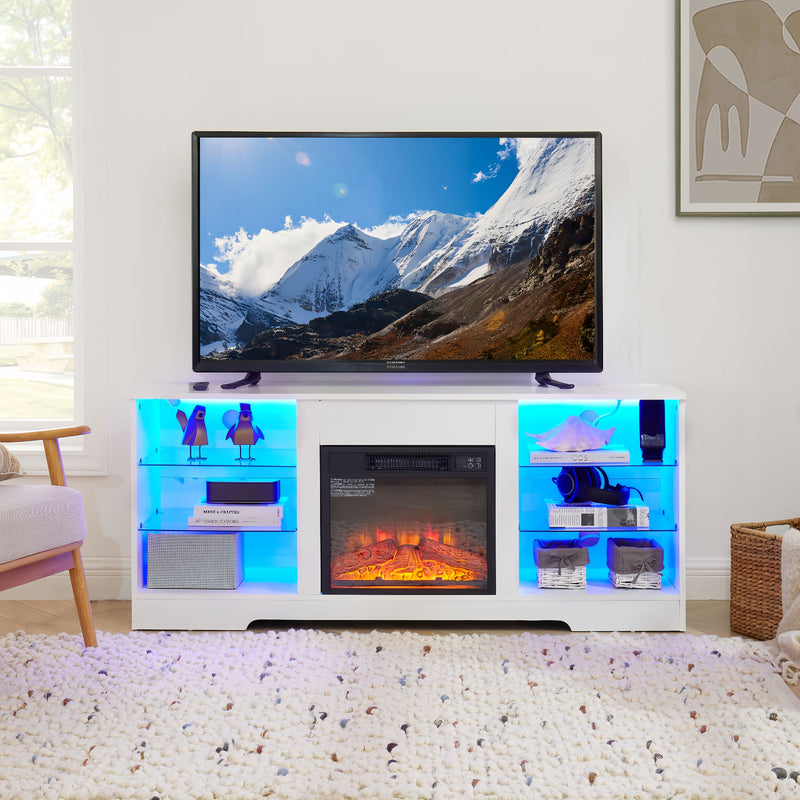 Electric Fireplace TV Stand with Glass Shelves