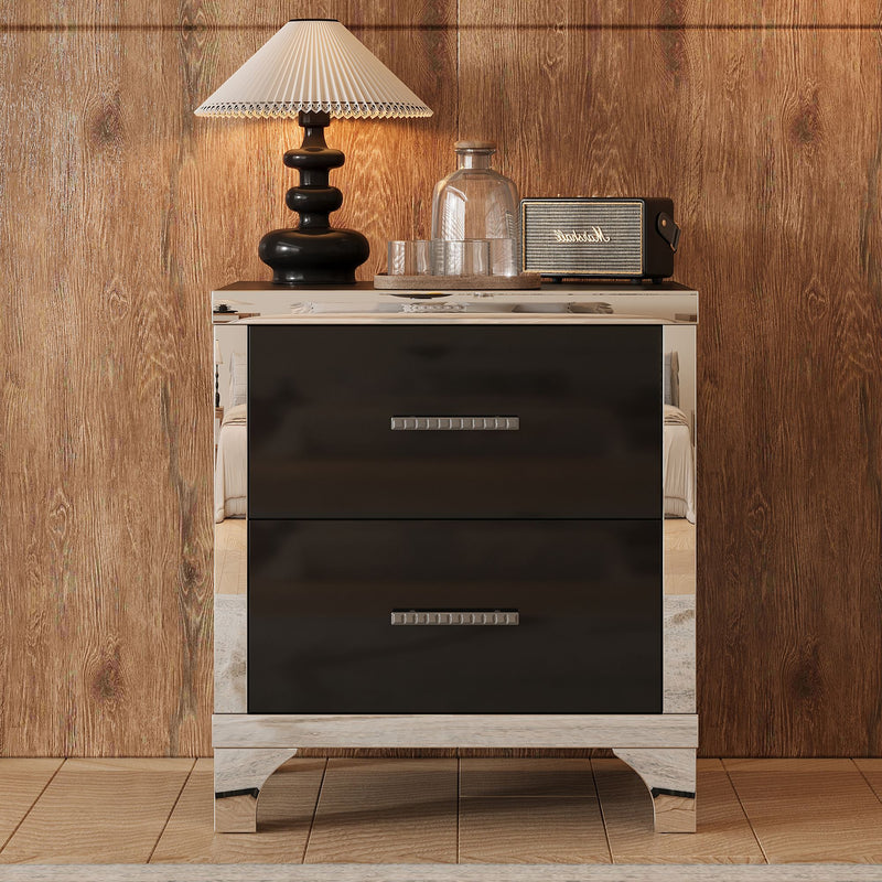 Elegant High Gloss Nightstand with Metal Handle,Mirrored Bedside Table with 2 Drawers for Bedroom,Living Room