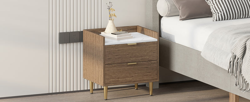 Wooden Nightstand with Marbling Worktop Modern Walnut