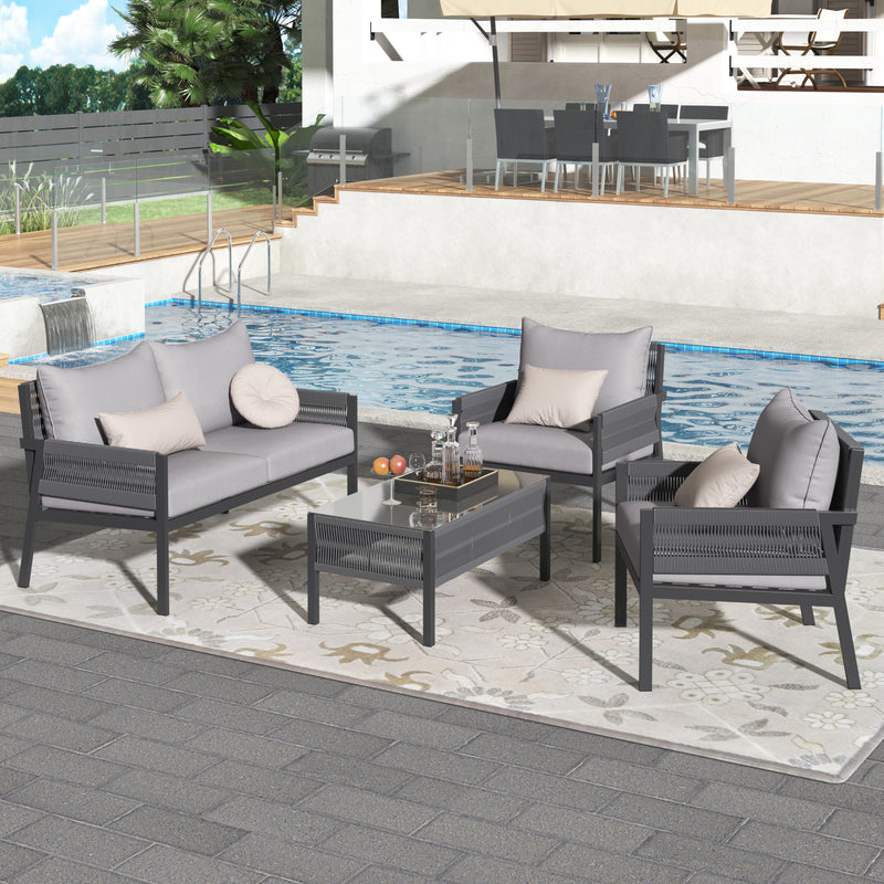 Rope Patio Furniture Set with Tempered Glass Table(Grey)