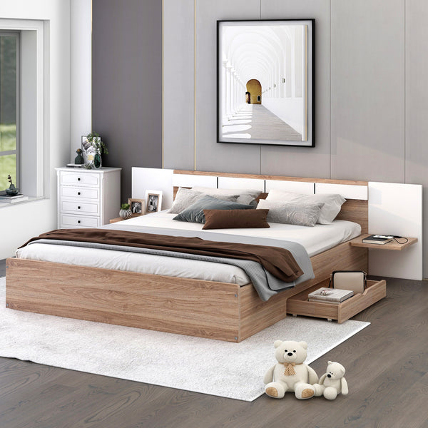 Queen Size Platform Bed with Headboard, Drawers, Shelves, USB Ports and Sockets