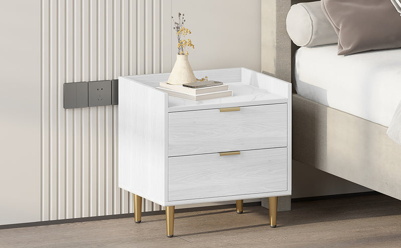 Wooden Nightstand with Marbling Worktop White