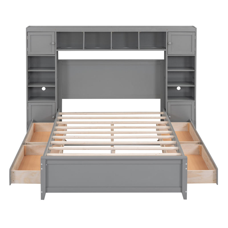 Full Size Wooden Bed With All-in-One Cabinet and Shelf