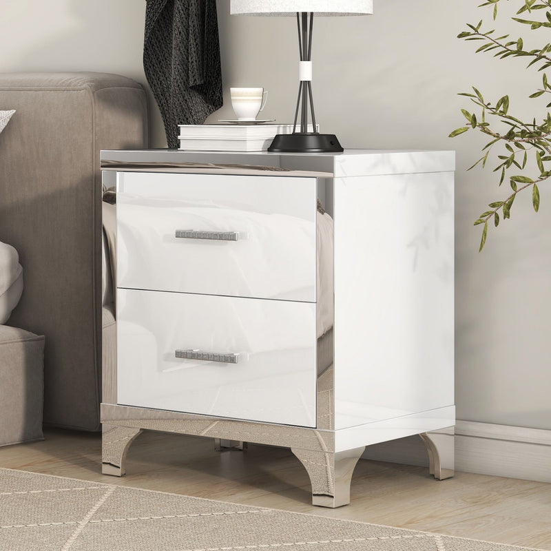 Elegant High Gloss Nightstand with Metal Handle,Mirrored Bedside Table with 2 Drawers for Bedroom,Living Room