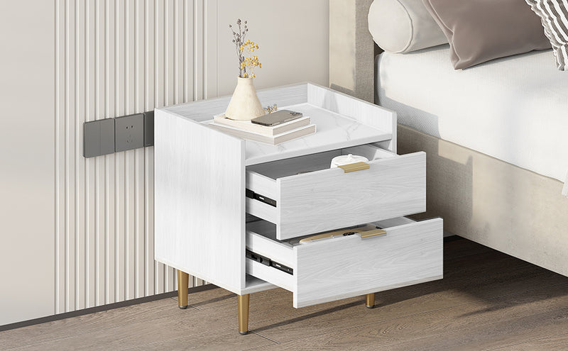 Wooden Nightstand with Marbling Worktop White