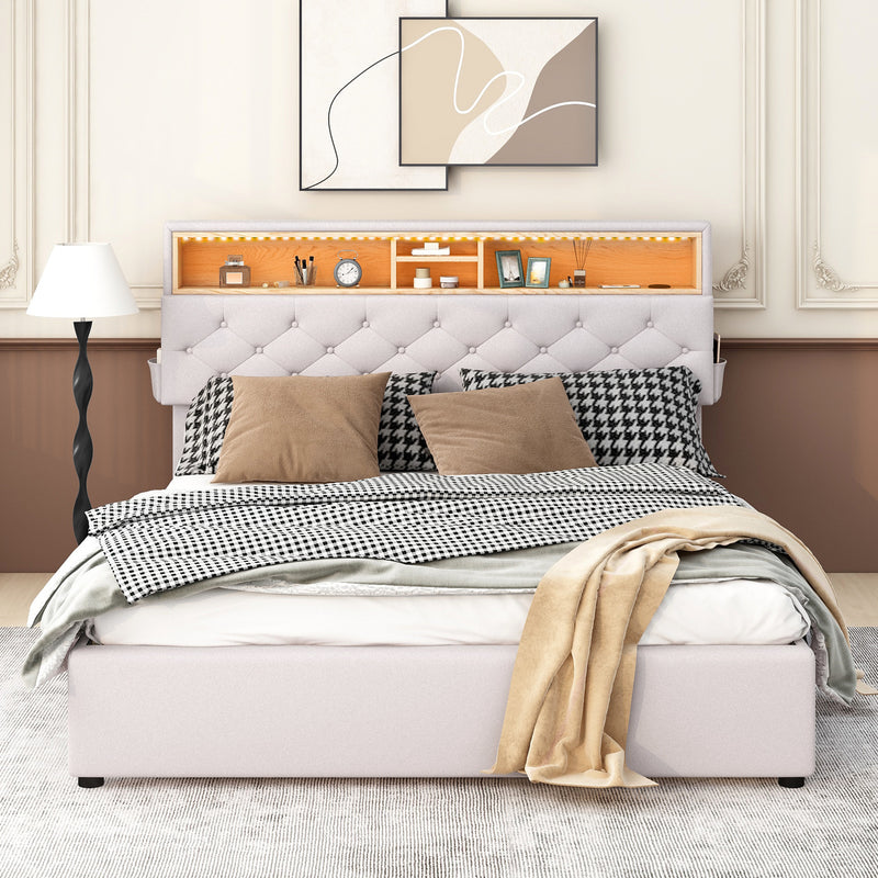 Upholstered Bed with Storage Headboard