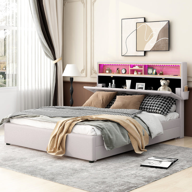 Upholstered Bed with Storage Headboard