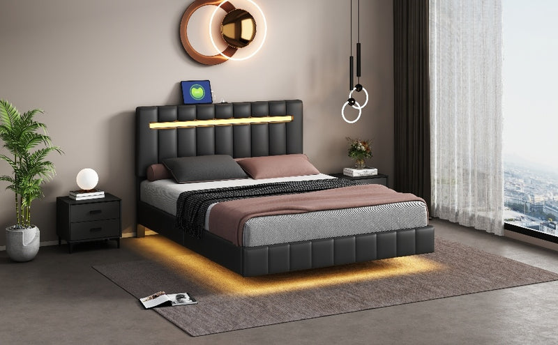 Queen Size Floating Bed Frame with LED Lights