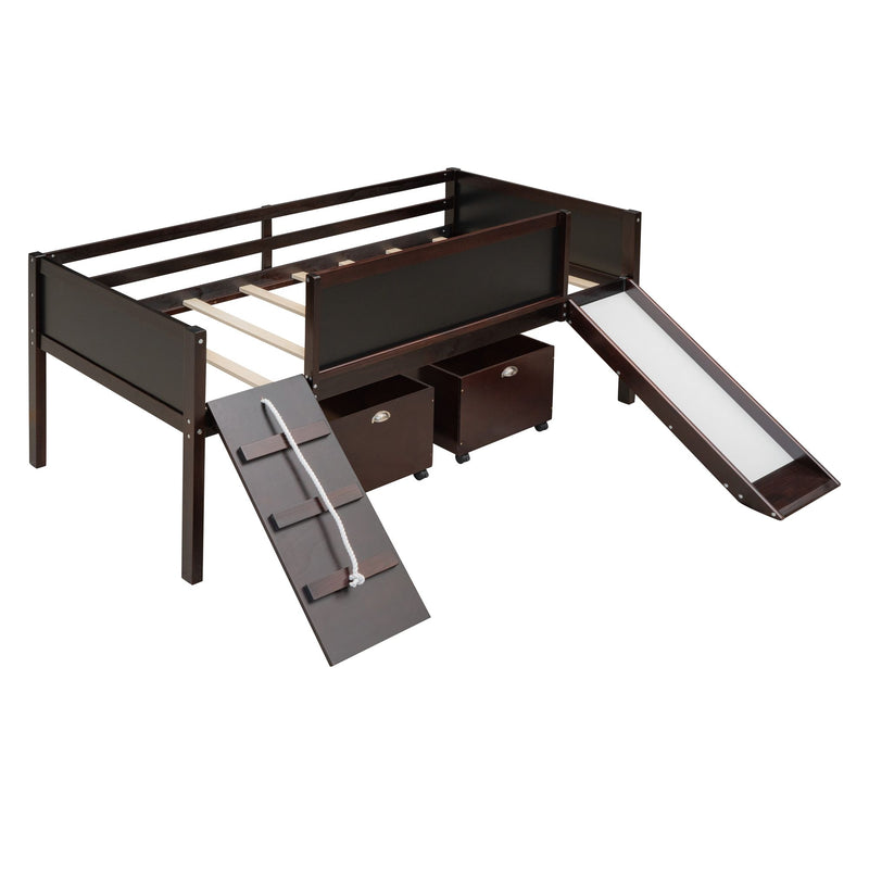 Twin size Loft Bed Wood Bed with Two Storage Boxes