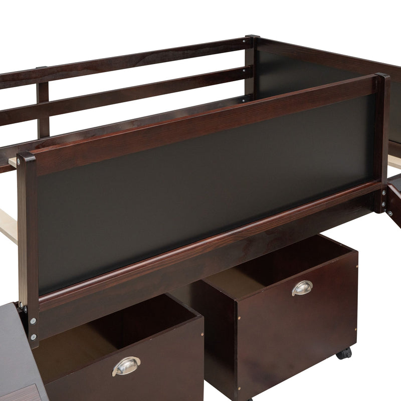 Twin size Loft Bed Wood Bed with Two Storage Boxes