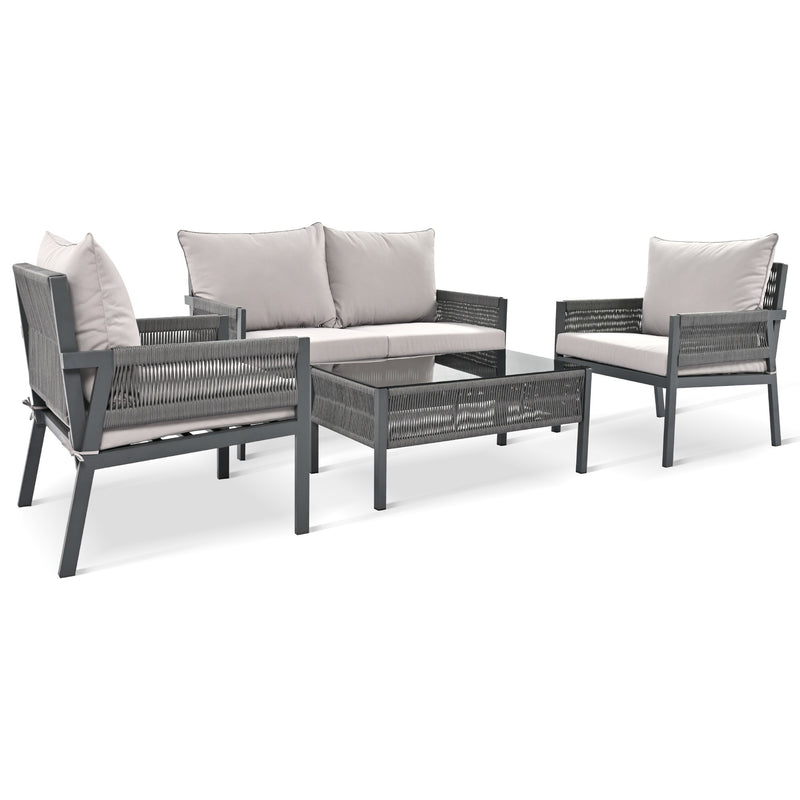 Rope Patio Furniture Set with Tempered Glass Table(Grey)