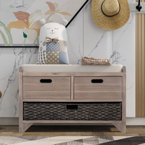 Storage Bench with Removable Basket and 2 Drawers,Fully Assembled Shoe Bench with Removable Cushion