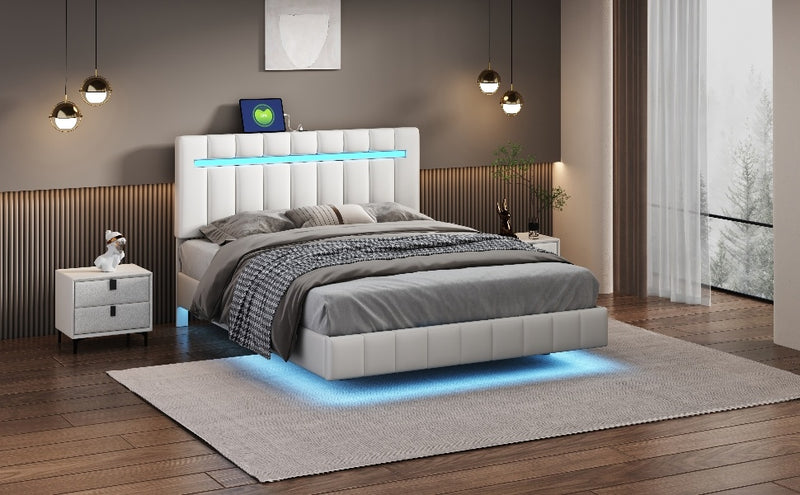 Queen Size Floating Bed Frame with LED Lights