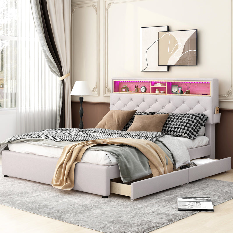 Upholstered Bed with Storage Headboard