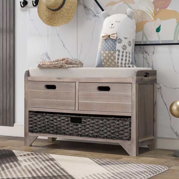 Storage Bench with Removable Basket and 2 Drawers,Fully Assembled Shoe Bench with Removable Cushion