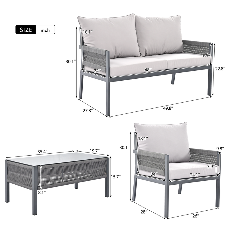 Rope Patio Furniture Set with Tempered Glass Table(Grey)