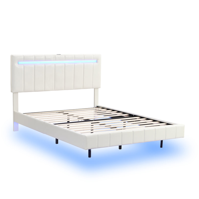 Queen Size Floating Bed Frame with LED Lights