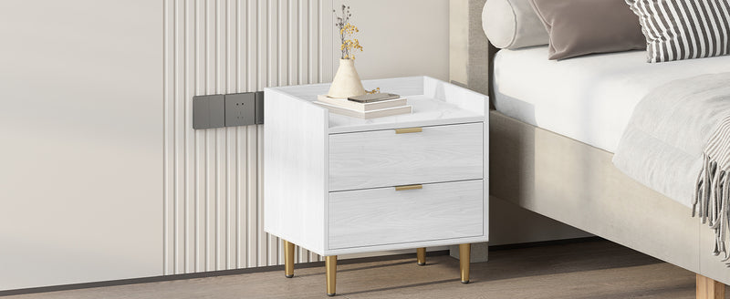 Wooden Nightstand with Marbling Worktop White