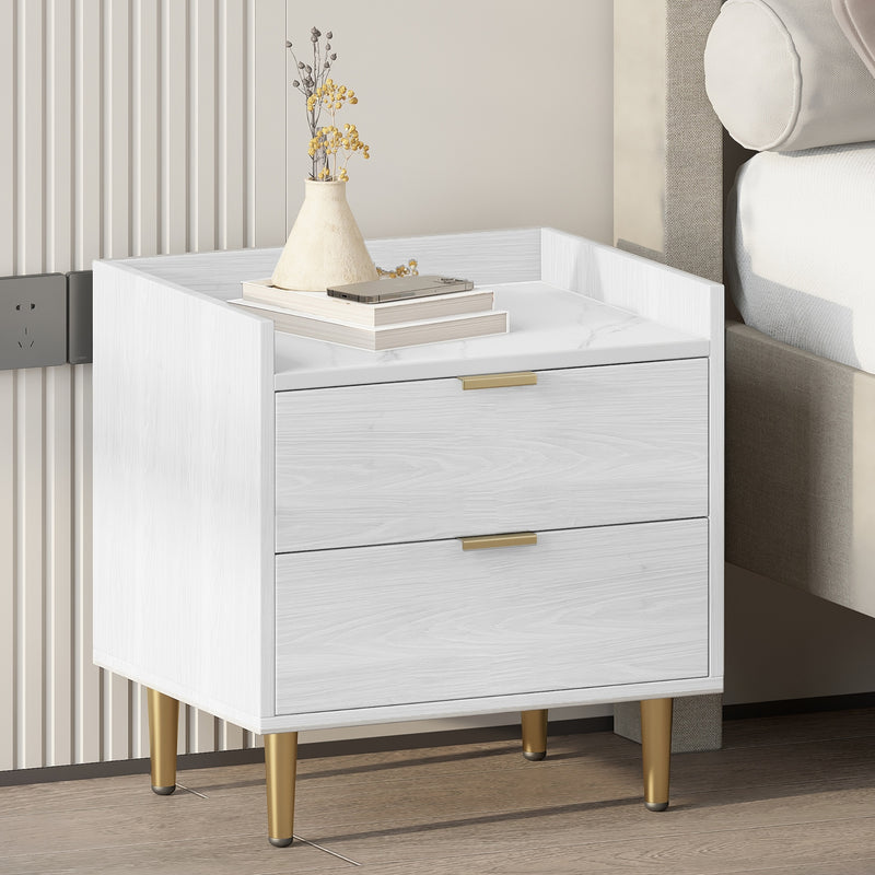 Wooden Nightstand with Marbling Worktop White