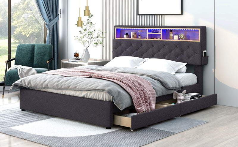 Upholstered Bed with Storage Headboard