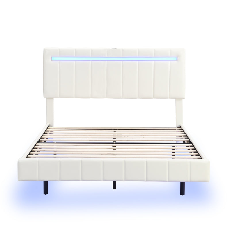 Queen Size Floating Bed Frame with LED Lights