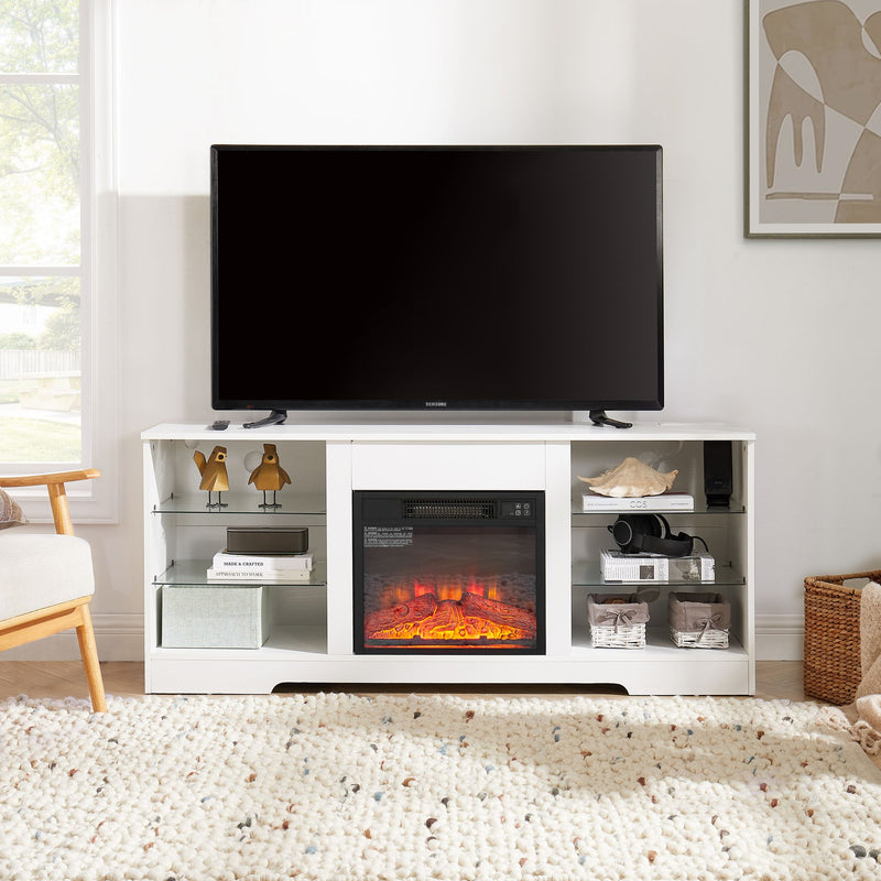 Electric Fireplace TV Stand with Glass Shelves