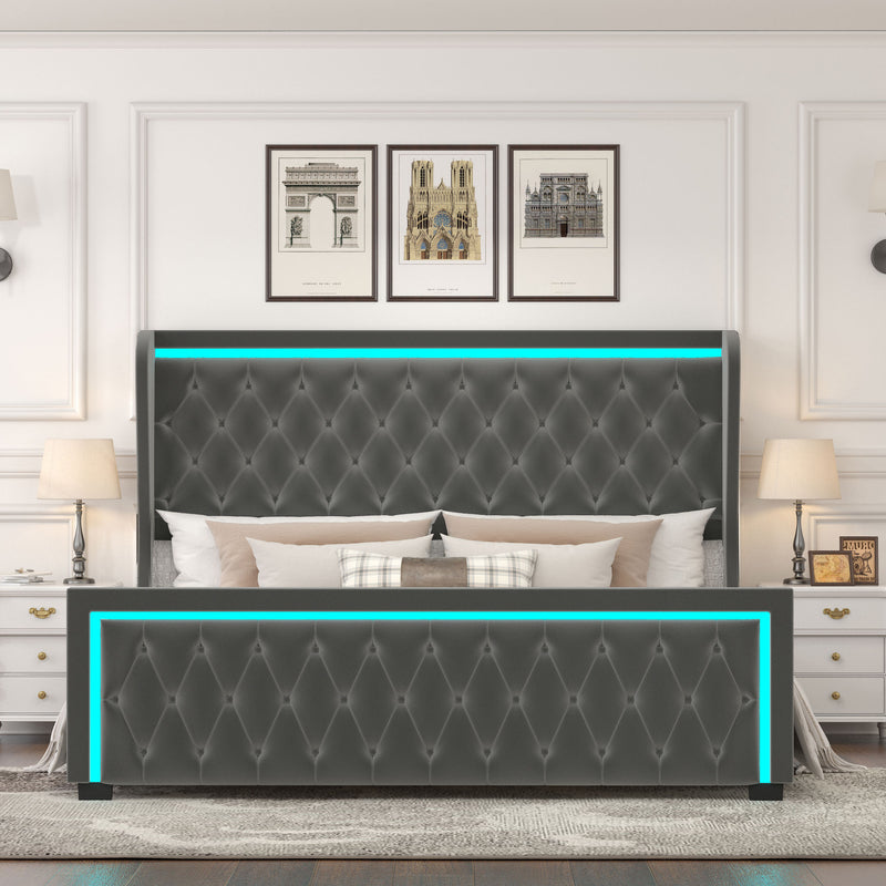 King Platform Bed With Velvet Upholstered