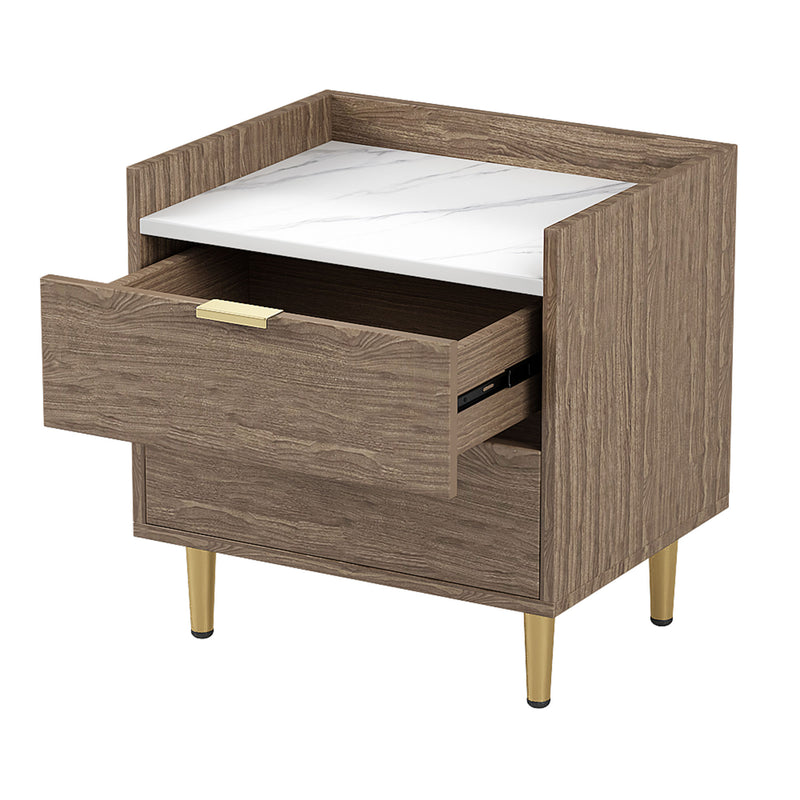 Wooden Nightstand with Marbling Worktop Modern Walnut