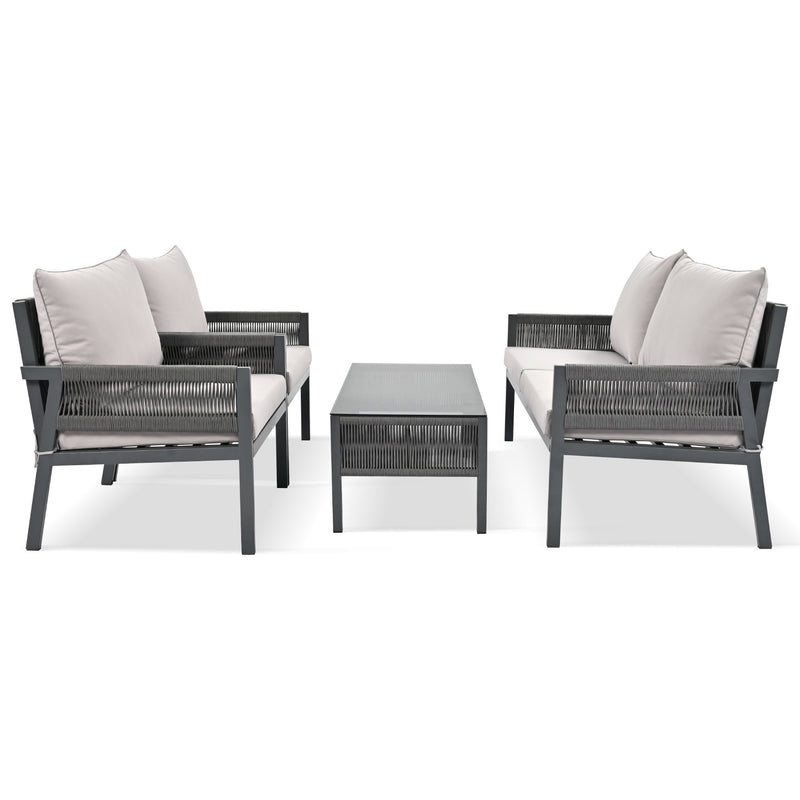 Rope Patio Furniture Set with Tempered Glass Table(Grey)