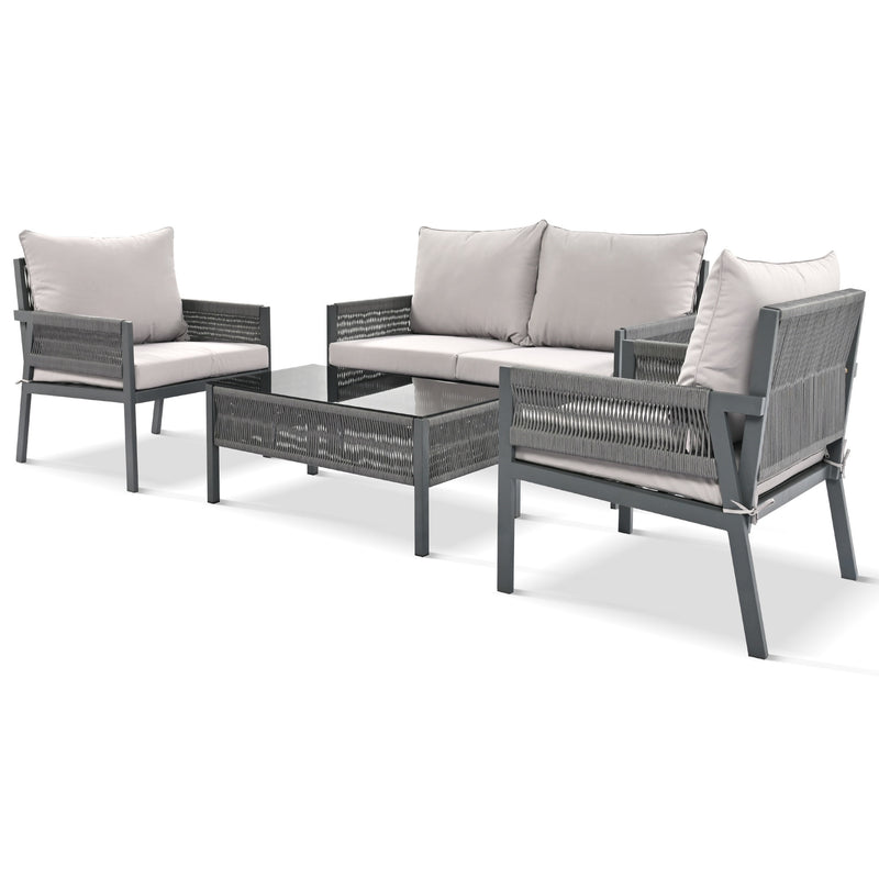 Rope Patio Furniture Set with Tempered Glass Table(Grey)