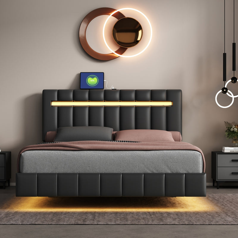 Queen Size Floating Bed Frame with LED Lights