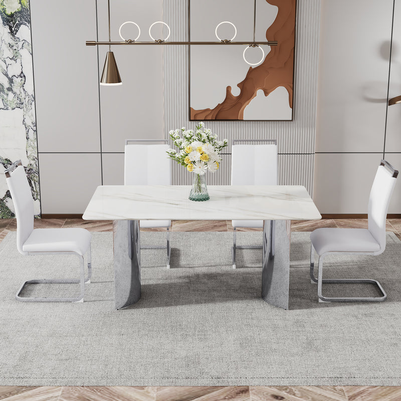 Modern marble dining table with white seats