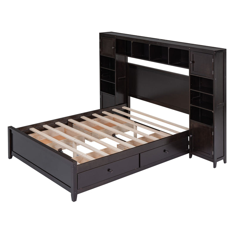 Full Size Wooden Bed With All-in-One Cabinet and Shelf